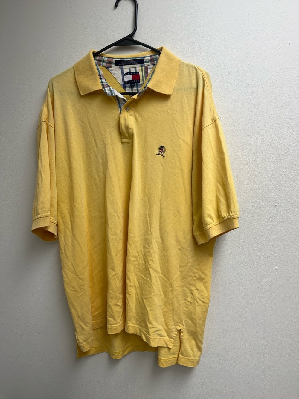 Vintage Tommy Hilfiger Yellow Polo Shirt with Plaid Trim